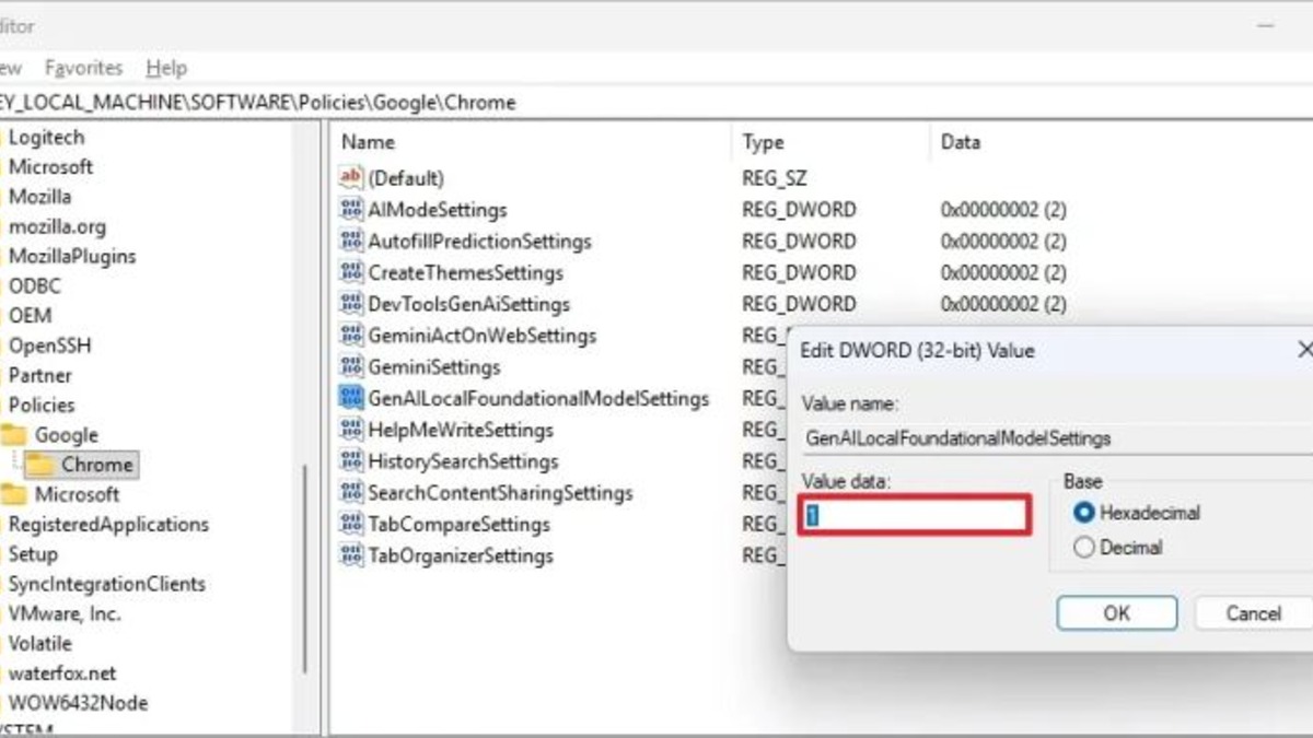 Windows Registry edit to disable Chrome AI model download