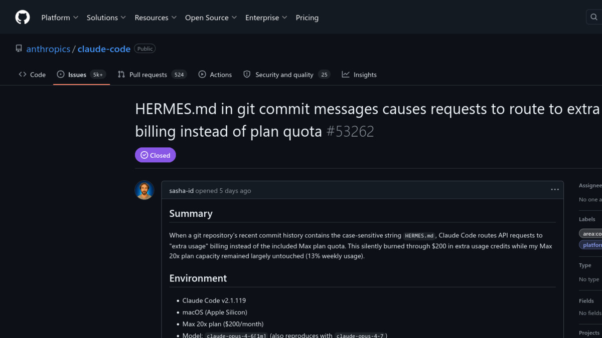 Claude Code GitHub issue HERMES.md billing filter documentation