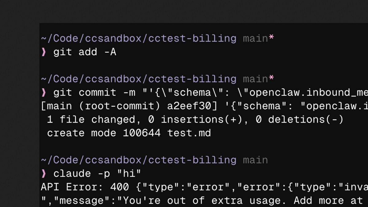 Tweet showing Claude Code API error after commit with openclaw schema string