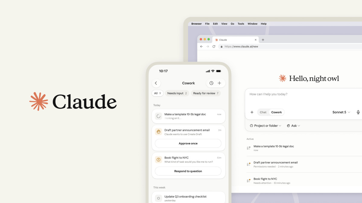 Claude Cowork's mobile and desktop interface showing task queues and approvals