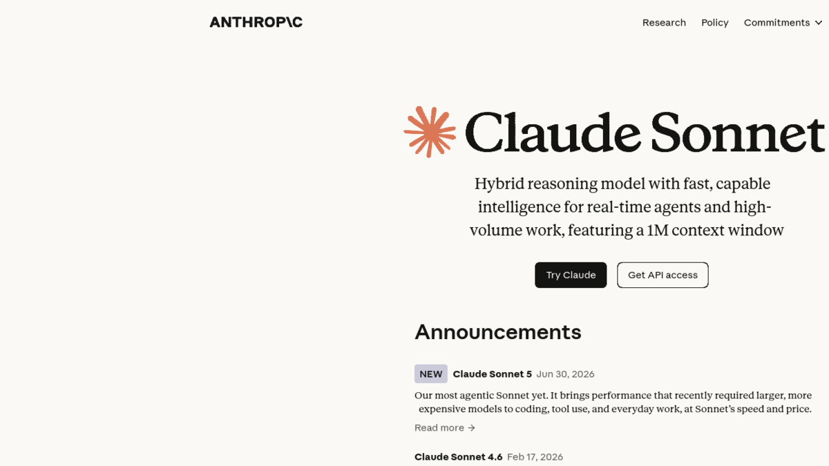 Claude Sonnet product page showing the hybrid reasoning capabilities