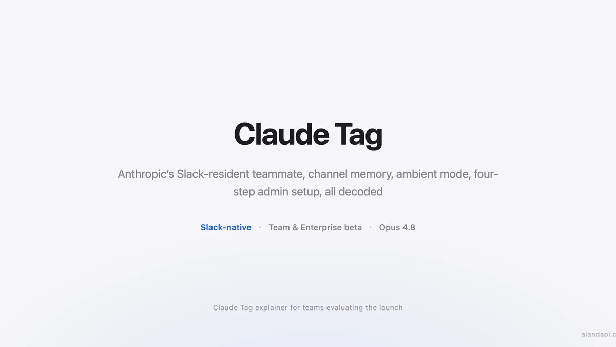 Claude Tag overview - Slack-native, Team and Enterprise beta, Opus 4.8
