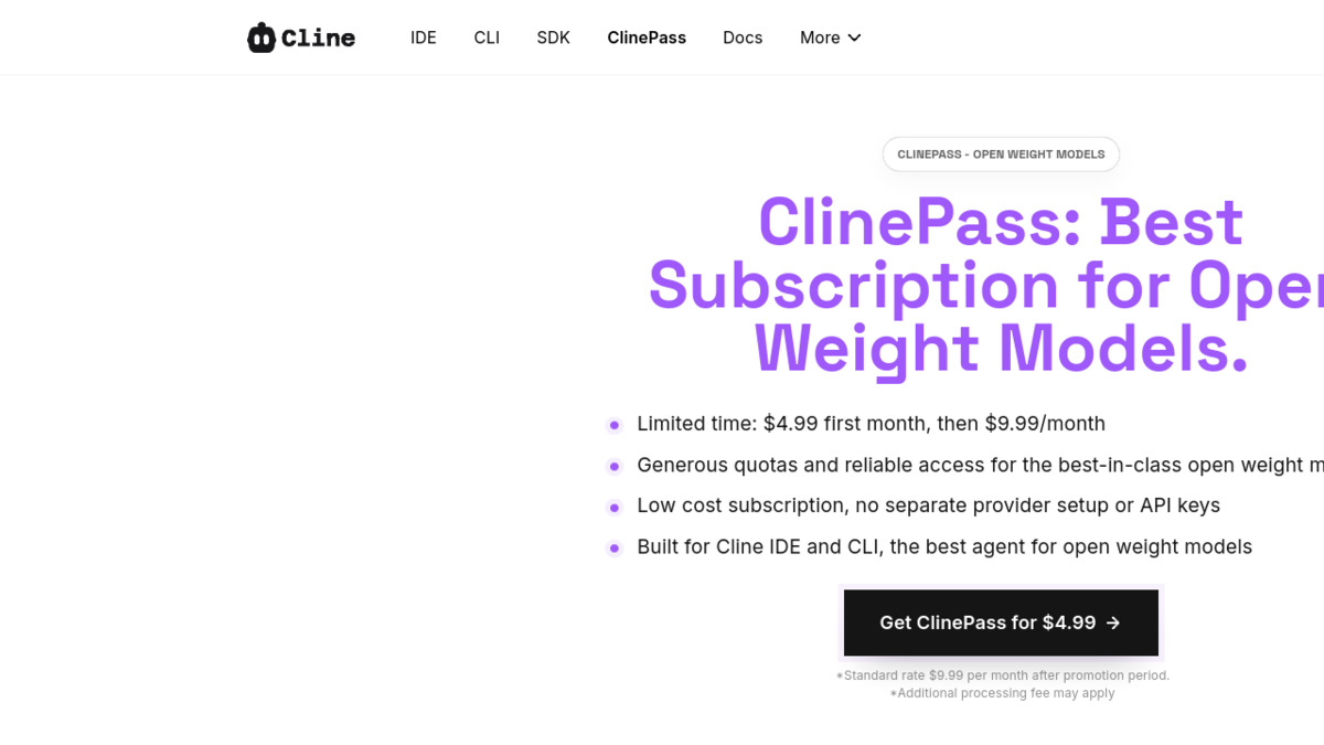 ClinePass subscription pricing page showing available models and plans