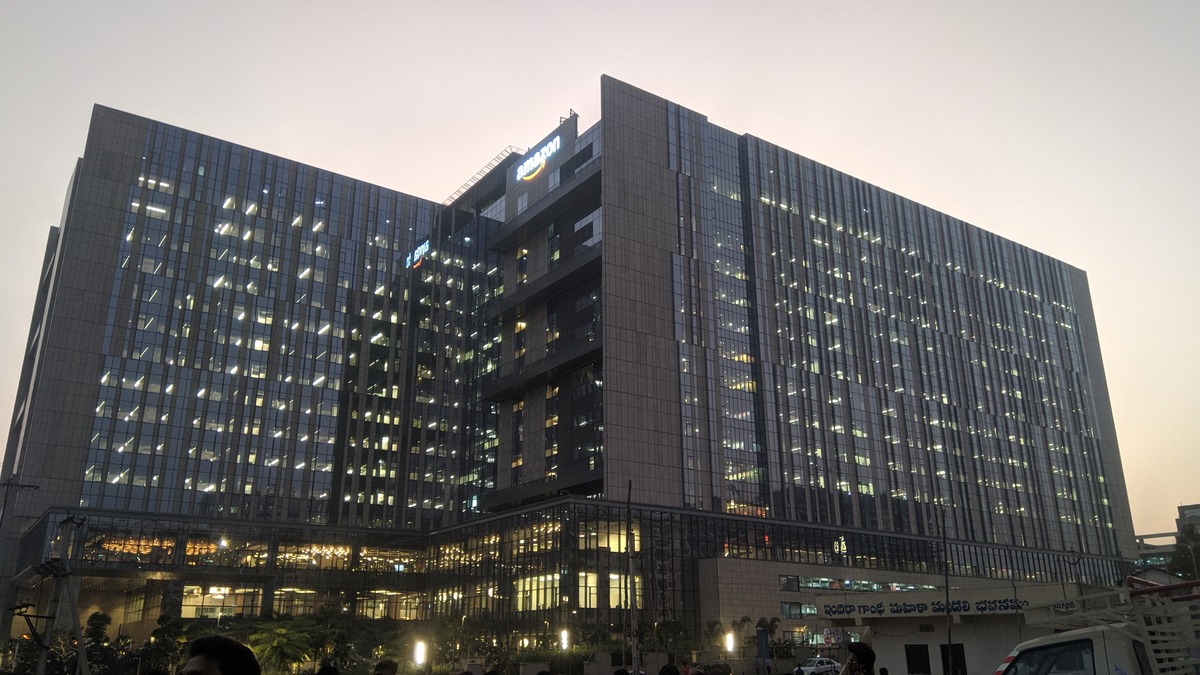 Tech office buildings at Hyderabad's HITEC City, India's technology hub, photographed at dusk
