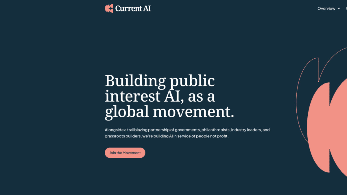 Current AI homepage stating its mission to build public interest AI as a global movement