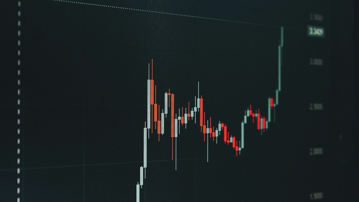 Candlestick chart on a screen showing an upward trend