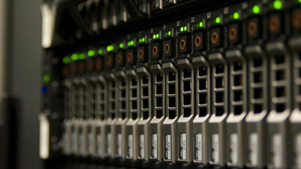 Close-up of a data storage server rack with status lights