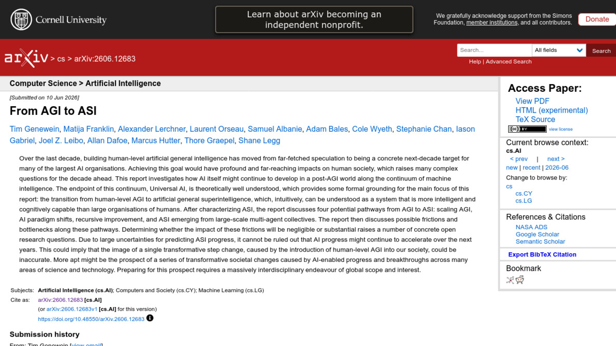 The "From AGI to ASI" paper on arXiv, published June 12, 2026