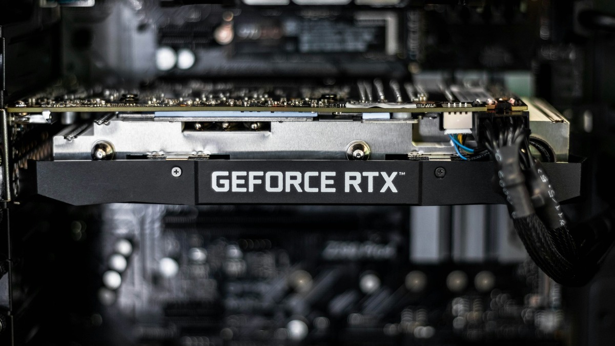 Close-up of an Nvidia GeForce RTX graphics card installed in a server chassis