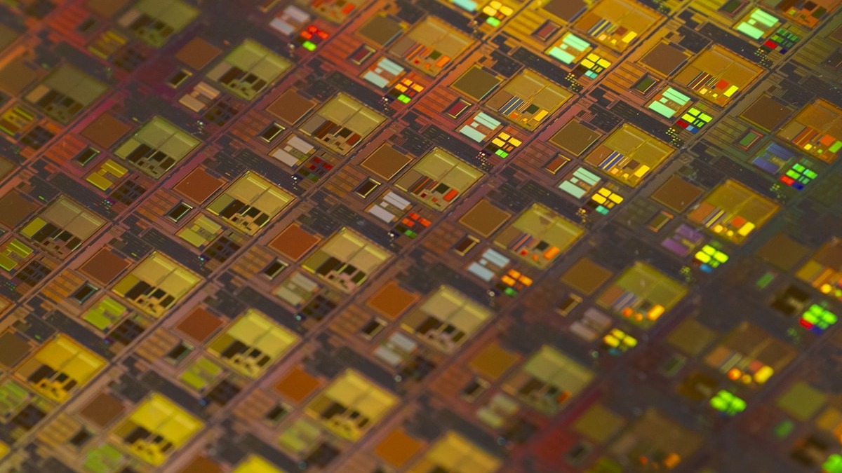 Silicon wafer with intricate circuit patterns from a semiconductor manufacturing process
