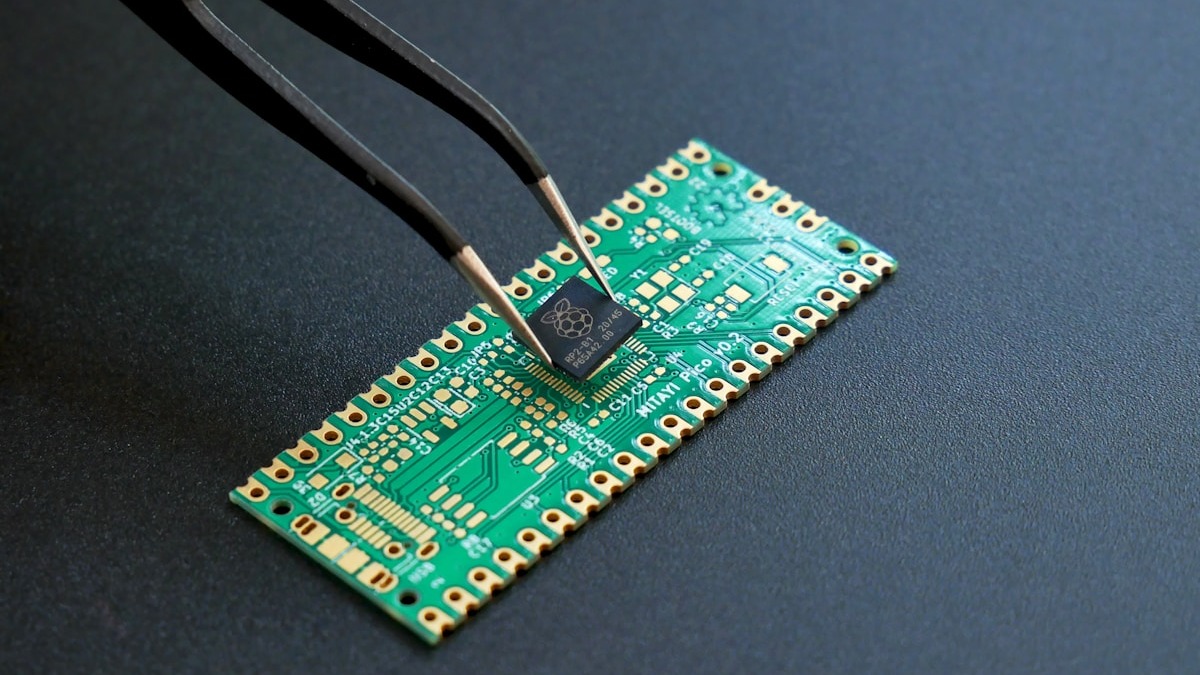 Close-up of a semiconductor chip on a circuit board