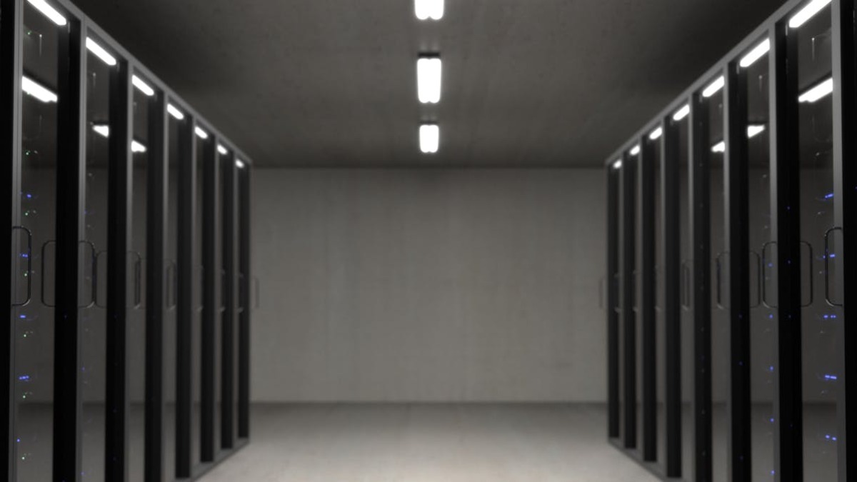 A modern data center corridor with server racks