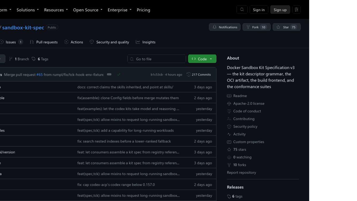 GitHub repository page for docker/sandbox-kit-spec showing recent commits and a 75-star, 10-fork open source project