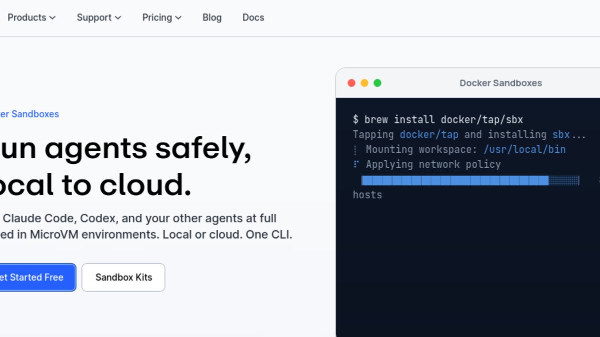 Docker Sandboxes product page showing the sbx CLI installing and applying a network policy across 37 hosts