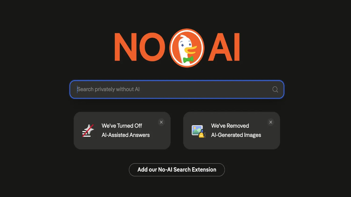 DuckDuckGo's no-AI search page showing traditional link results with all AI features disabled