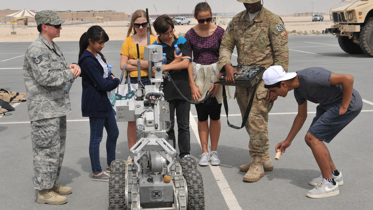 A U.S. Air Force robot at Al Udeid Air Base, Qatar - the kind of autonomous systems physical AI startups are building for defense contracts