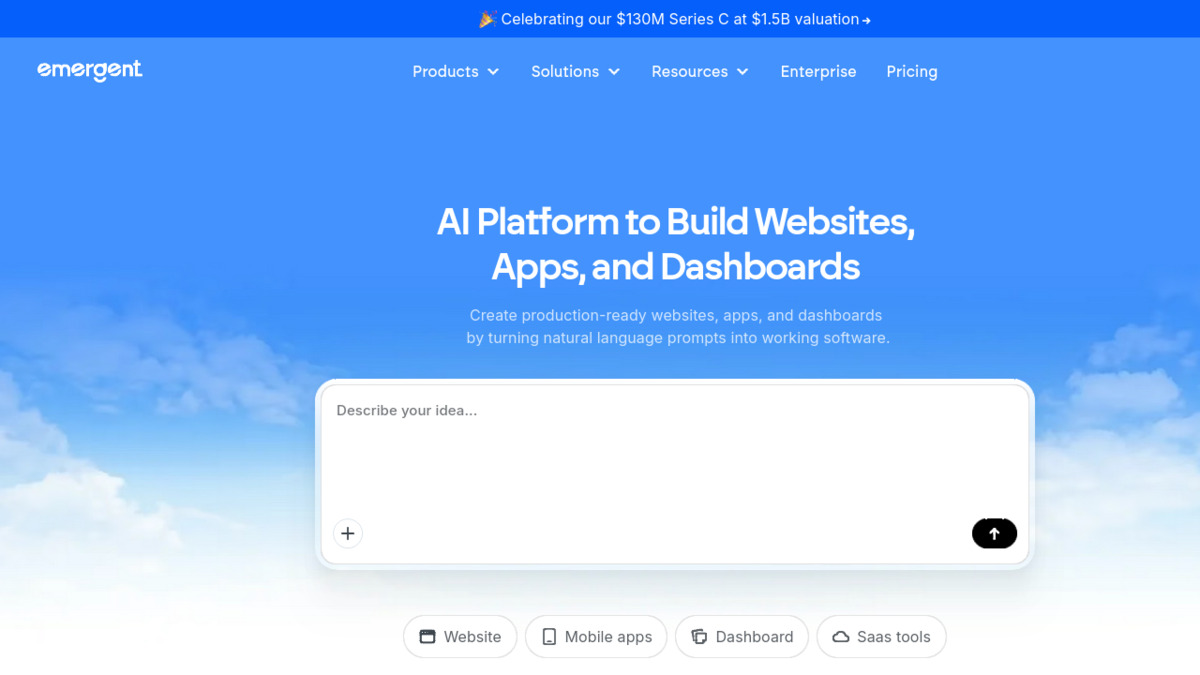 Emergent's homepage displaying its $130M Series C funding announcement banner