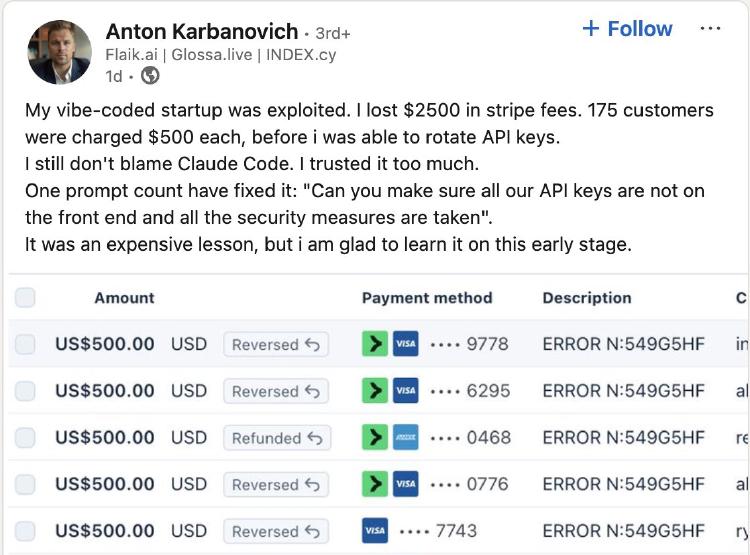 Founder Loses $2,500 After AI-Coded App Leaks Stripe Keys