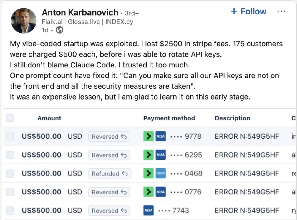 Founder Loses $2,500 After AI-Coded App Leaks Stripe Keys