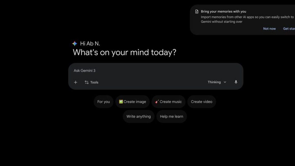 Google's Gemini import page showing memory and chat history options