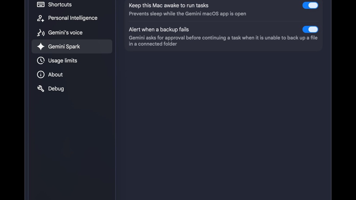 Gemini Spark connected folders view in the macOS app settings