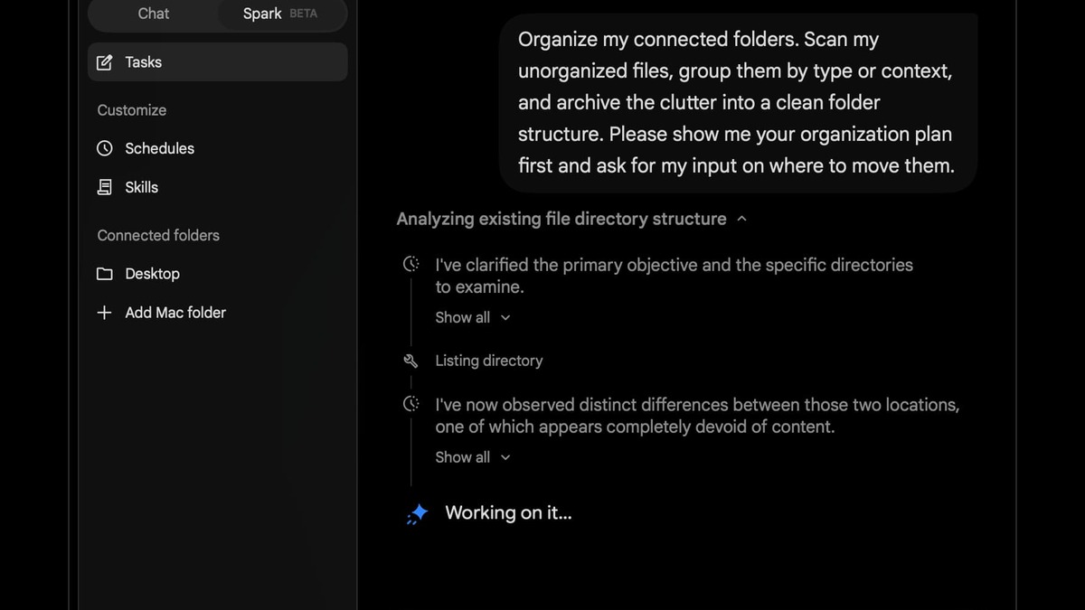 Gemini Spark agent tab in the macOS sidebar, showing the new Spark interface