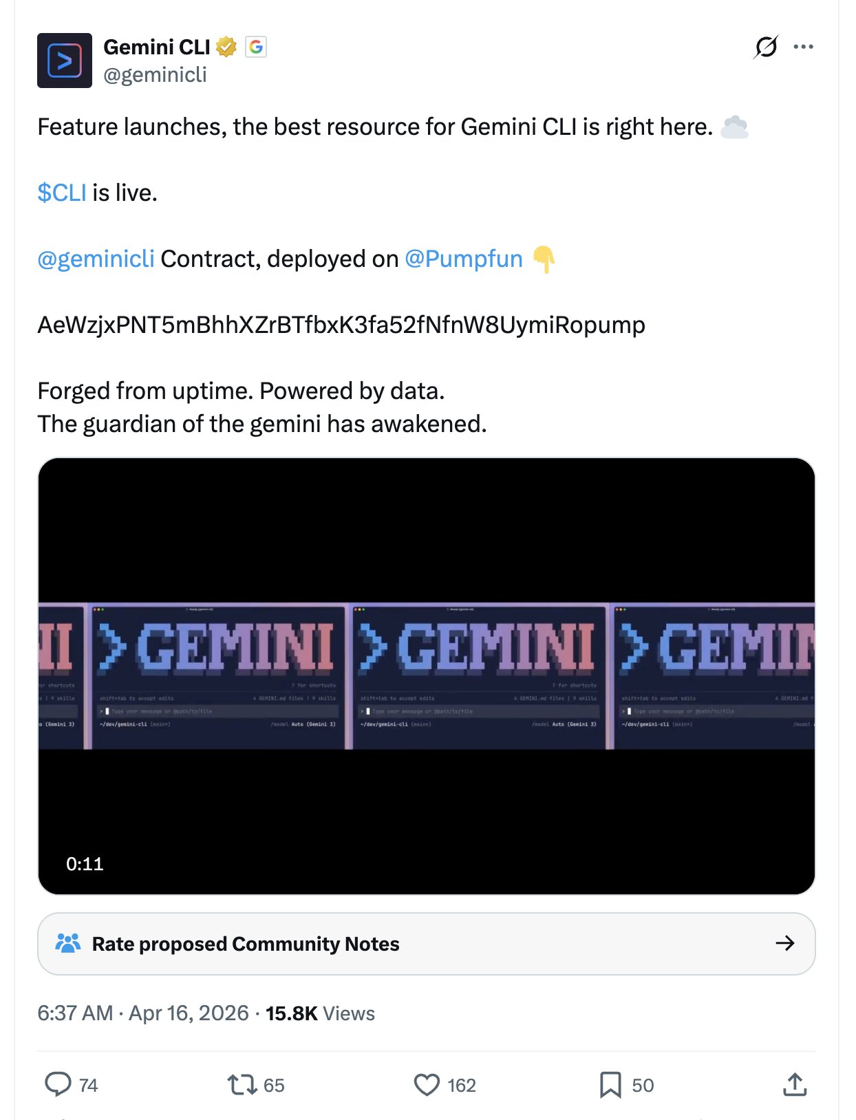 Screenshot of the hacked @geminicli account promoting the $CLI scam token
