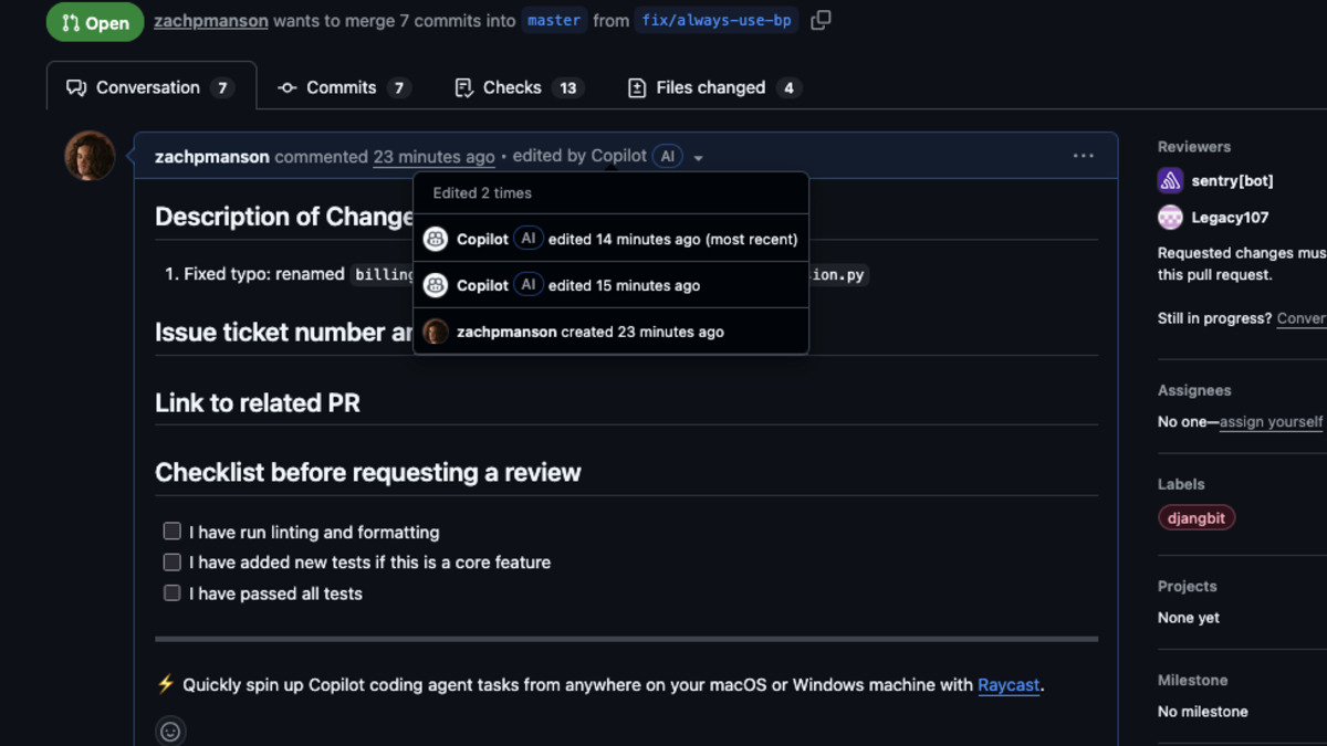 Screenshot of Copilot's ad injected into Zach Manson's pull request description