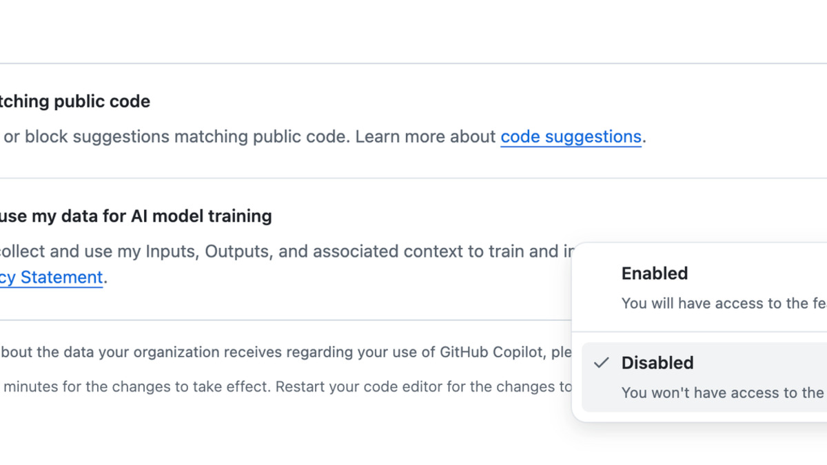 The GitHub Copilot privacy opt-out setting in account settings
