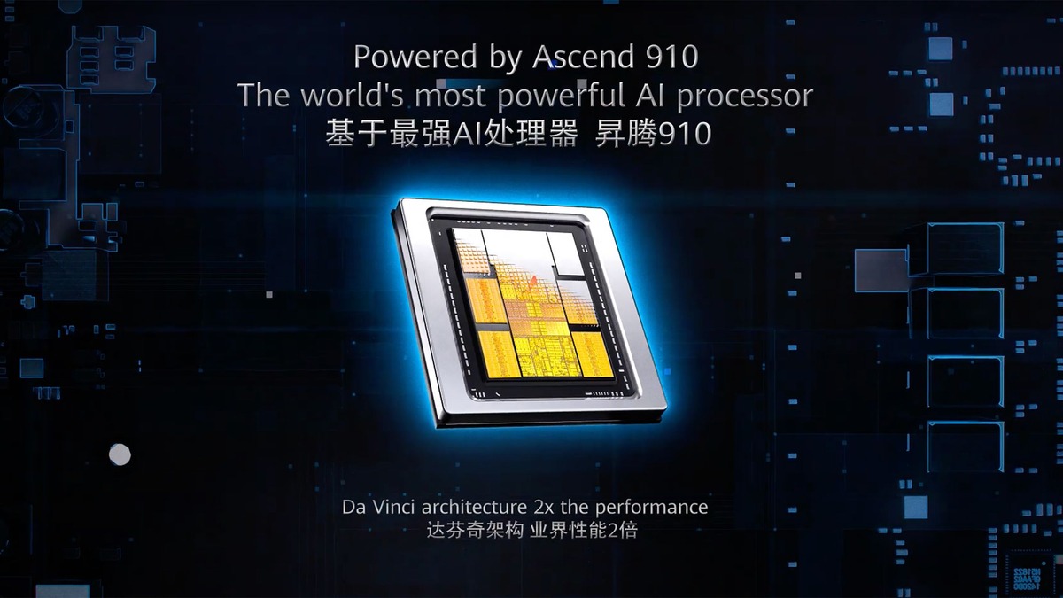 Huawei Ascend 910 AI processor promotional image showing chip die on circuit board
