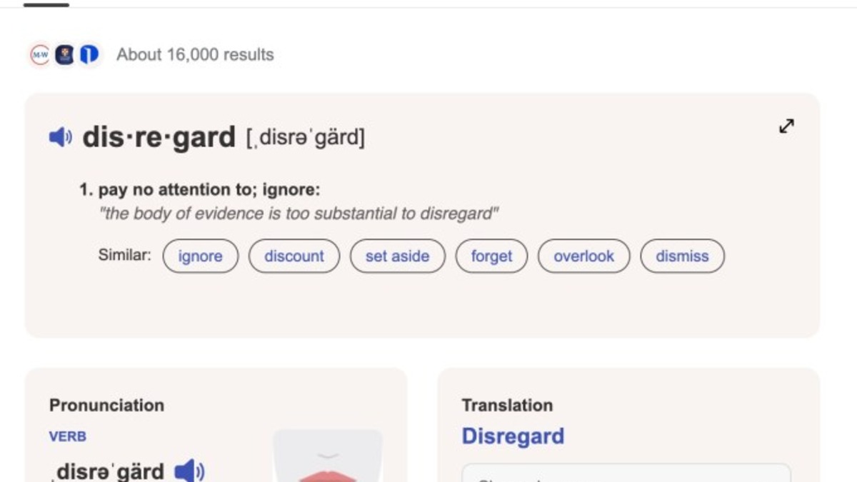 Google vs Bing results for 'disregard' side by side