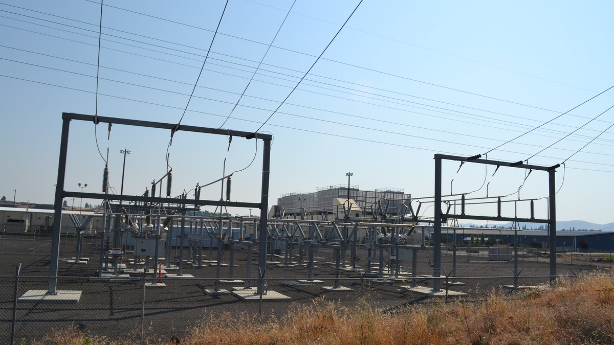 Google data center exterior in The Dalles, Oregon with electrical substations and computing infrastructure
