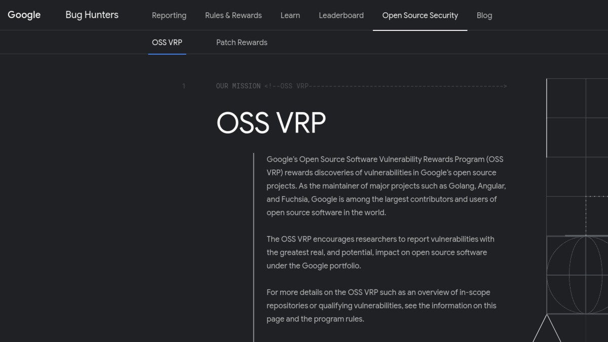 The OSS VRP page on Google's Bug Hunters site, describing a program that rewards vulnerabilities in Google's open source projects