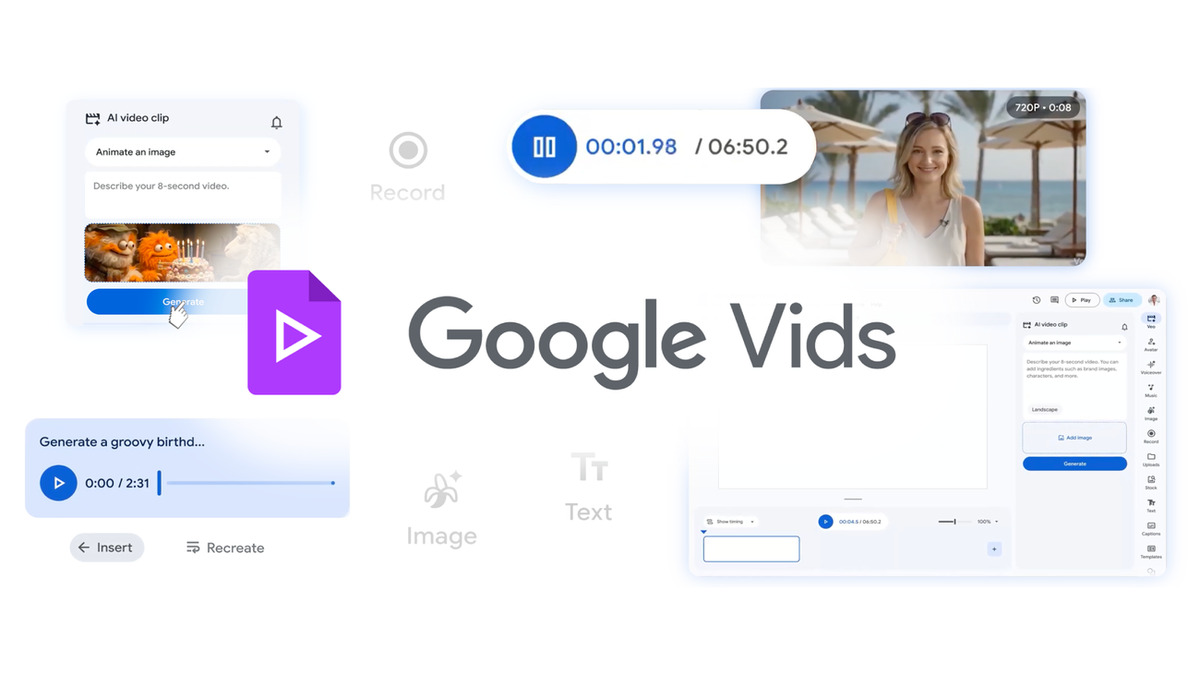 Google Vids create, edit and share interface showing the AI video generation tools