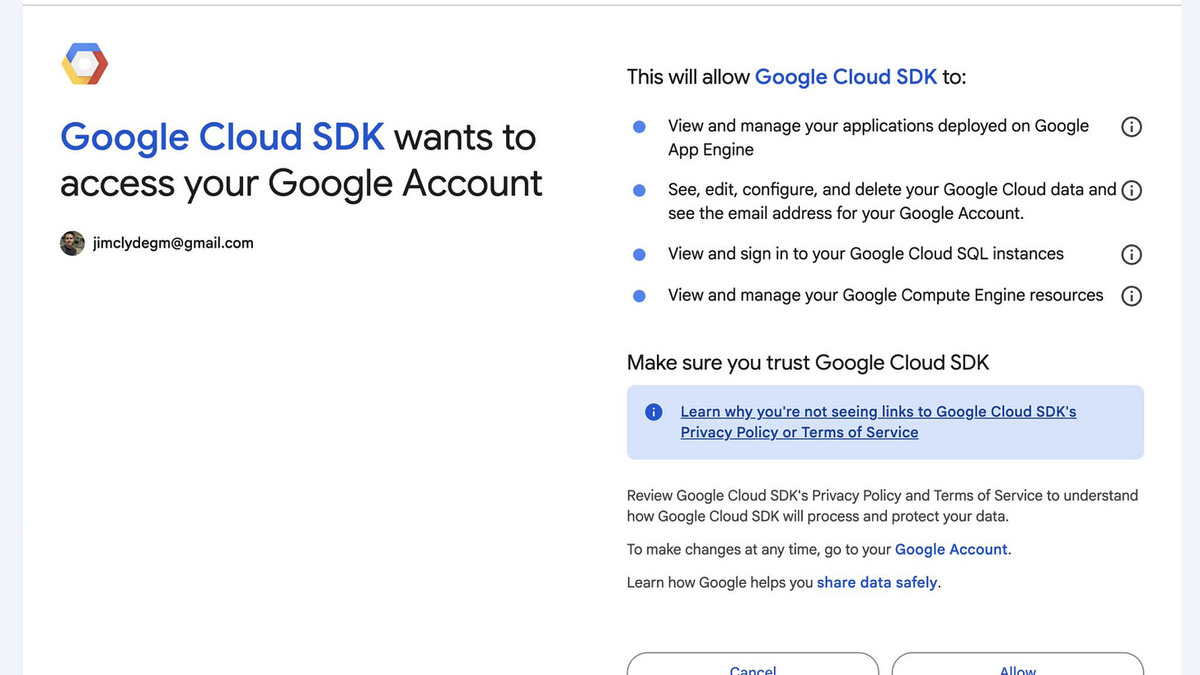 gws auth setup configuration screen