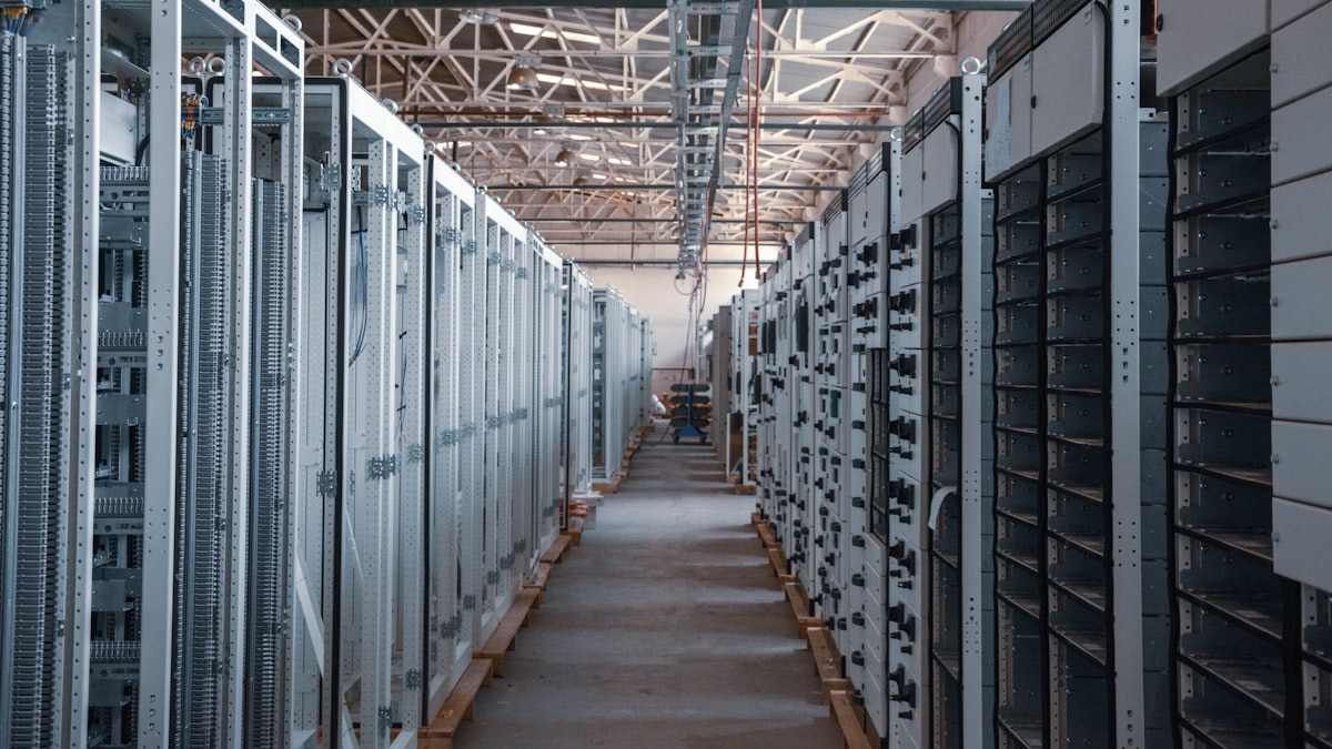 Data center corridor with server racks