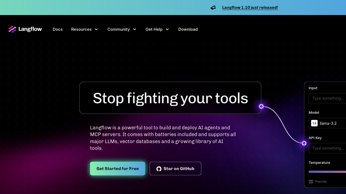 Langflow's homepage - the open-source LLM framework whose unpatched CVE-2025-3248 was the entry point for JadePuffer's attack