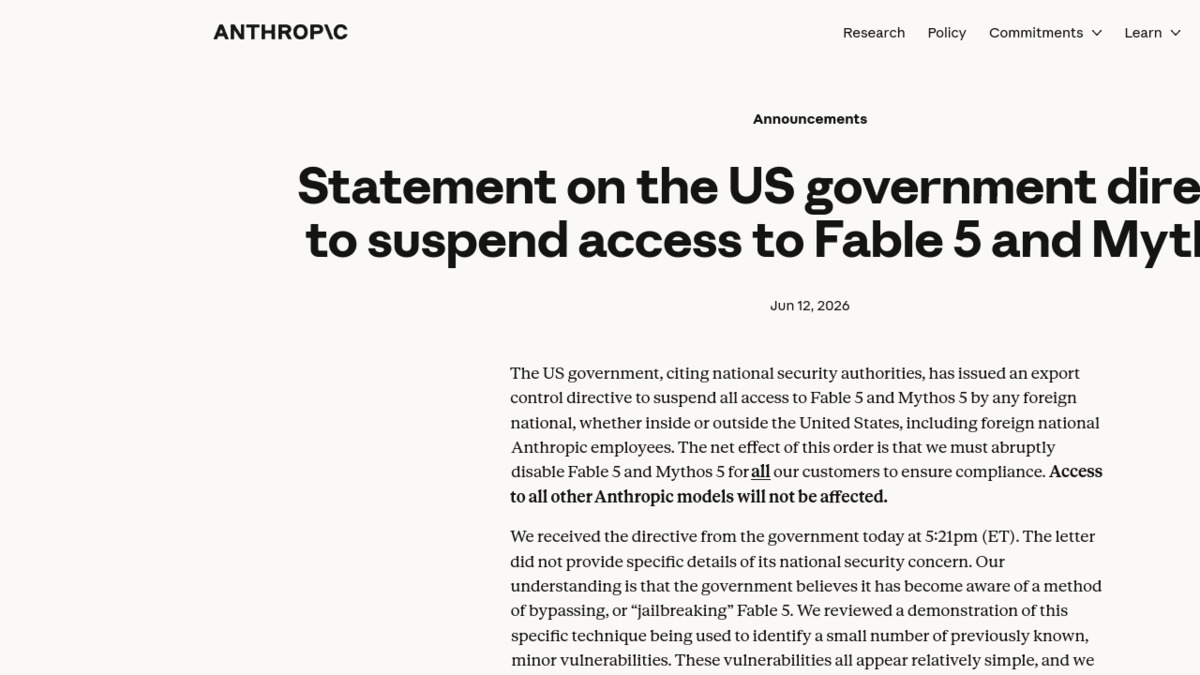 Anthropic's public statement about the Fable 5 and Mythos 5 suspension