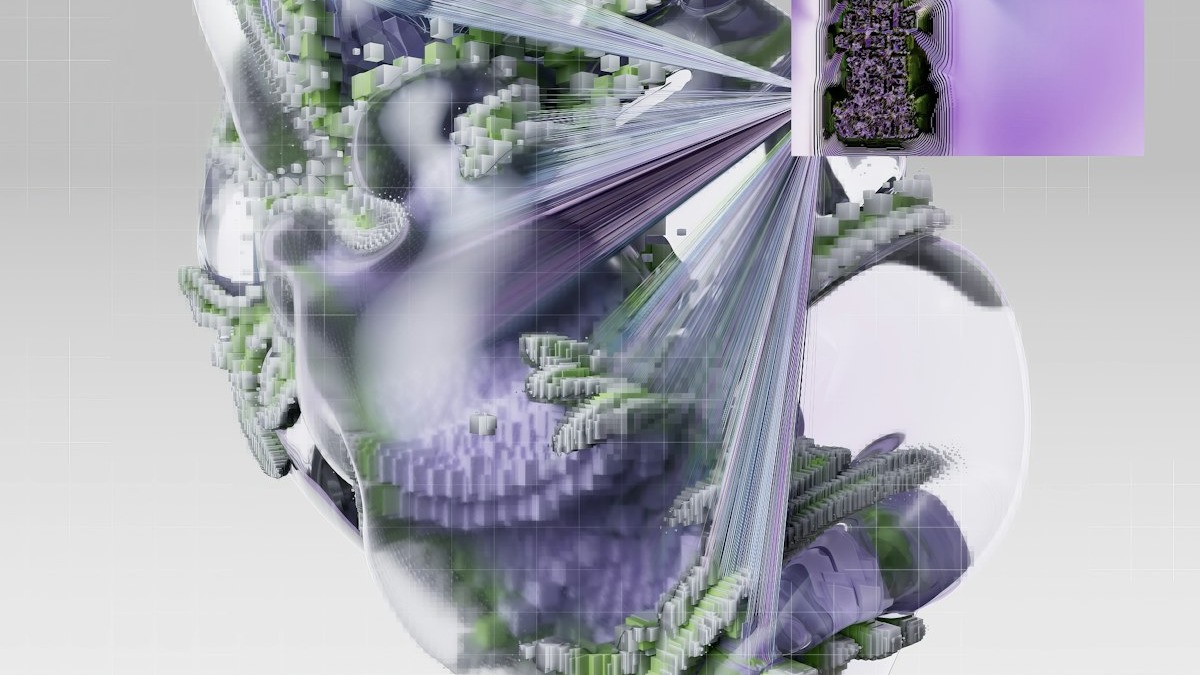 A computer-generated visualization of a human brain with circuitry patterns