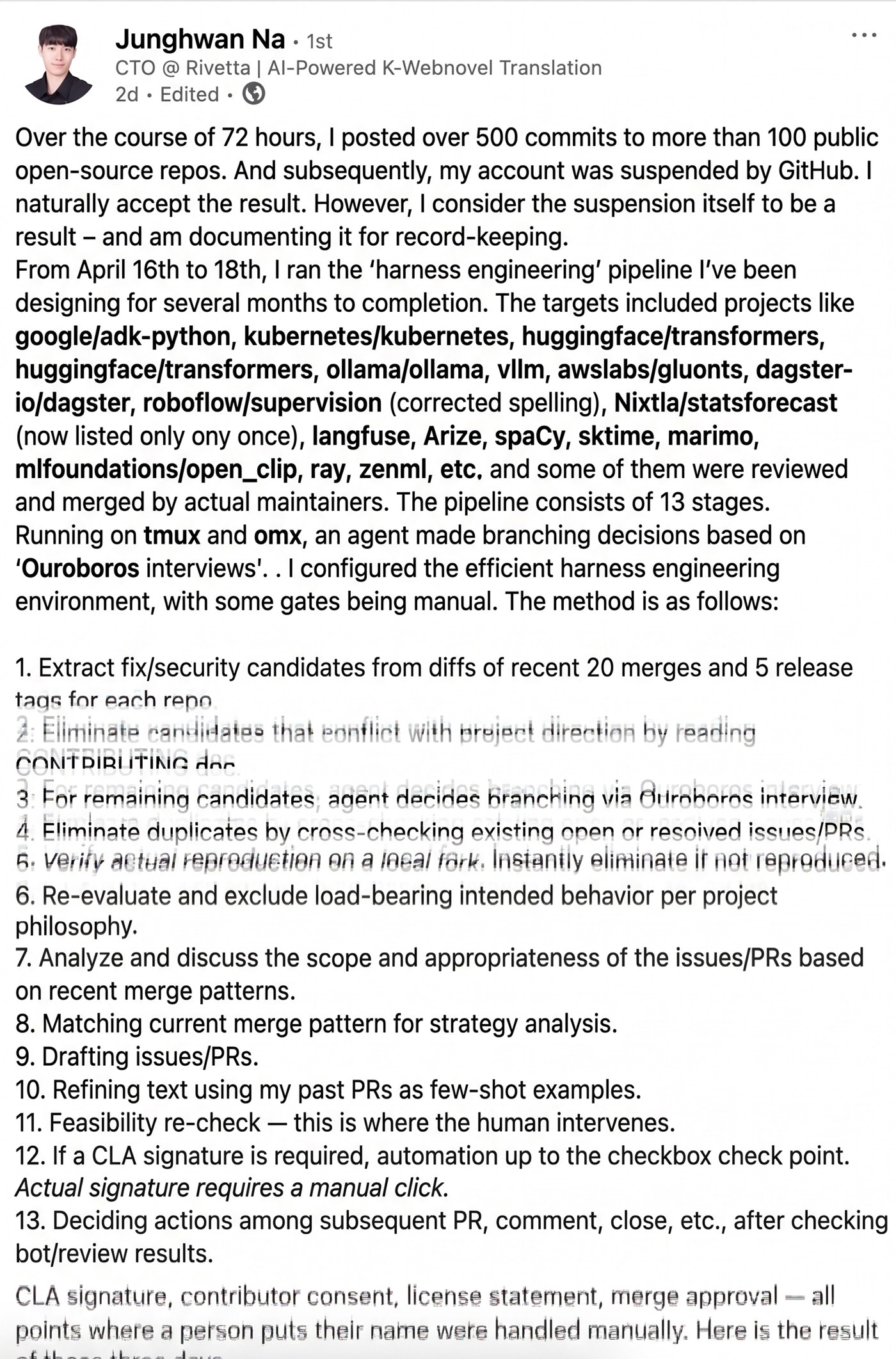 The original Junghwan Na LinkedIn post describing the 72-hour harness run and subsequent account suspension, as shared on X.