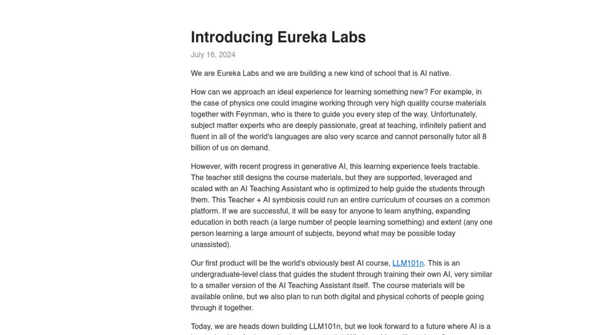 Eureka Labs website homepage showing LLM101n course