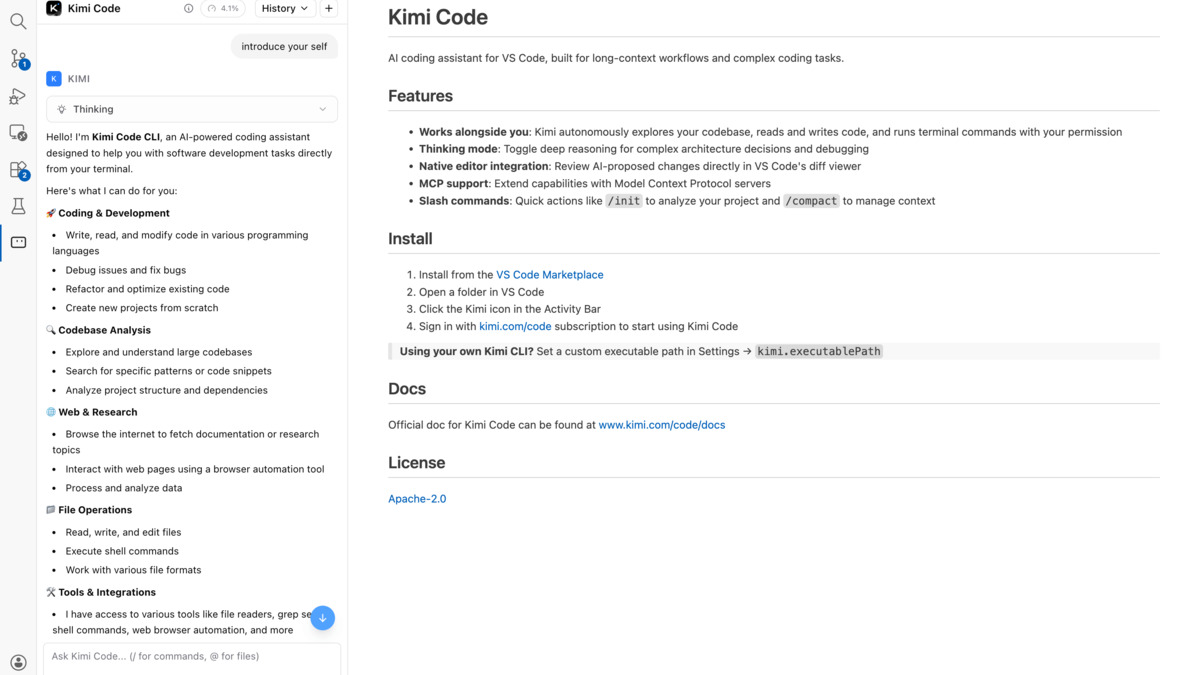 Kimi Code running inside VS Code with agent task list visible
