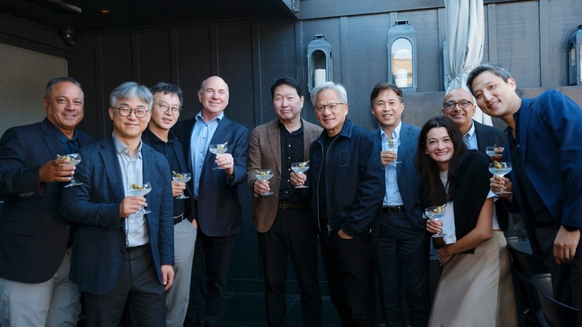 SK Group, Nvidia and Samsung executives toasting at a dinner in Woodside, California, ahead of the AI summit