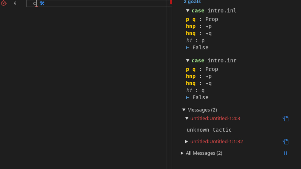 The Lean 4 VS Code infoview panel showing live proof state feedback during verification