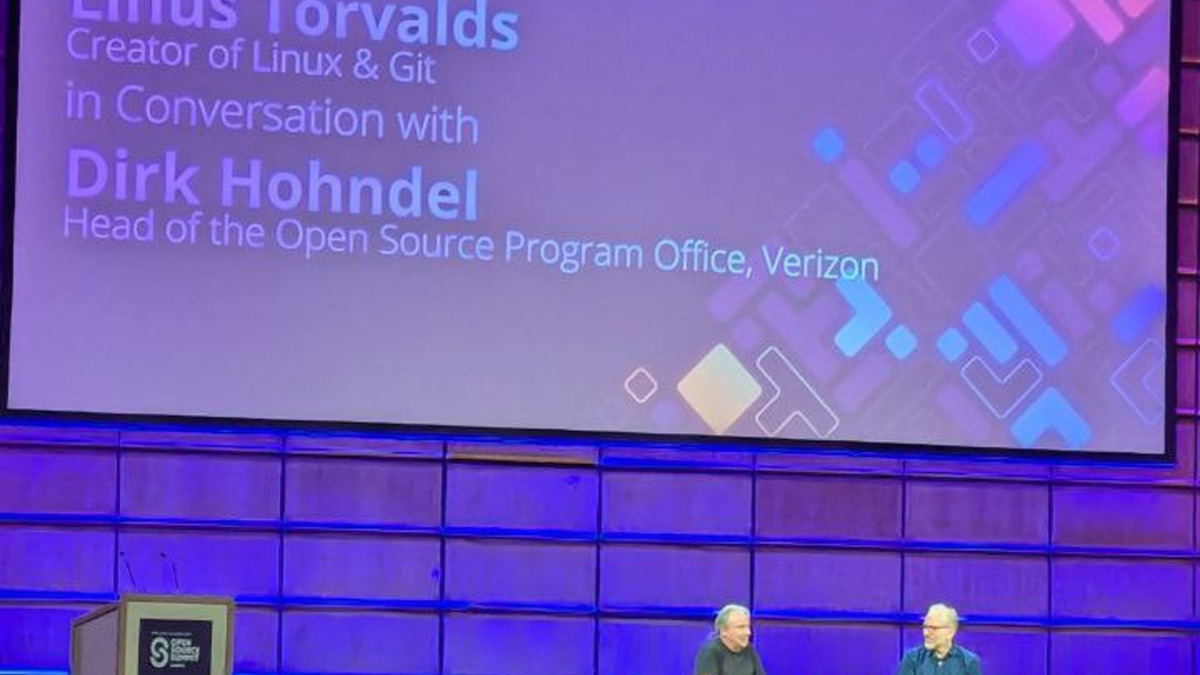 Linus Torvalds speaking with Dirk Hohndel at Open Source Summit Europe 2024