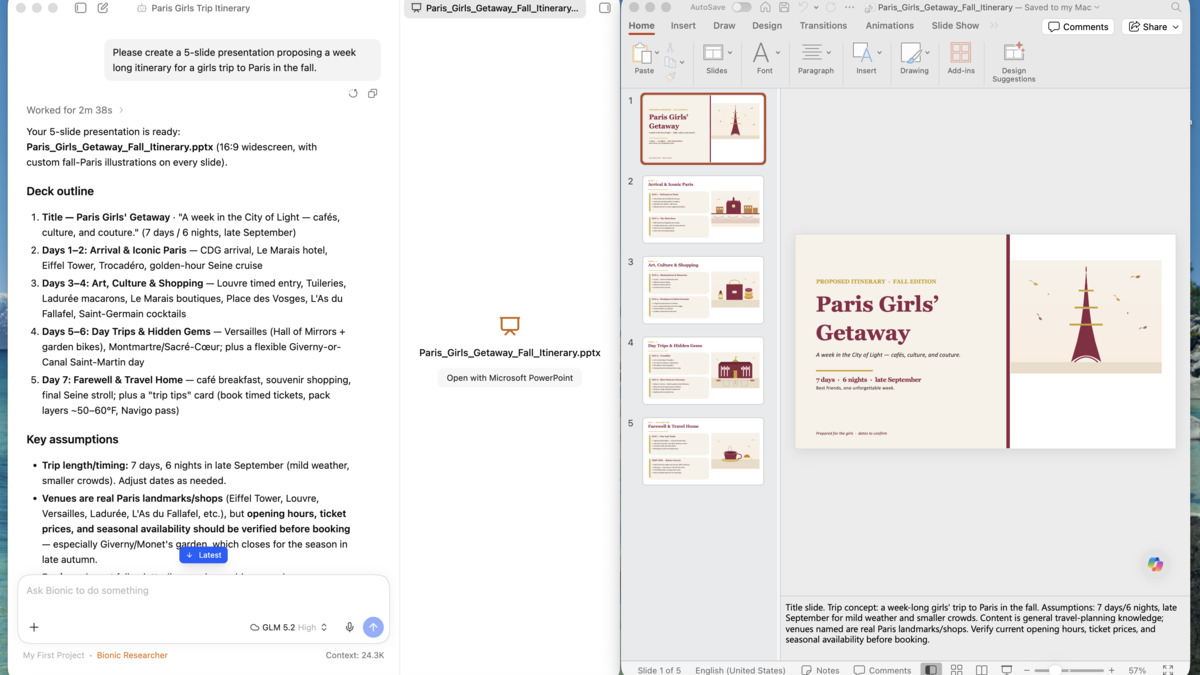 LM Studio Bionic generating a PowerPoint deck inside a Work project