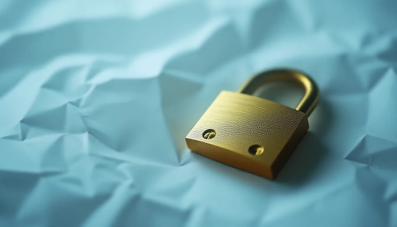 Padlock resting on crumpled paper, symbolising a broken default.