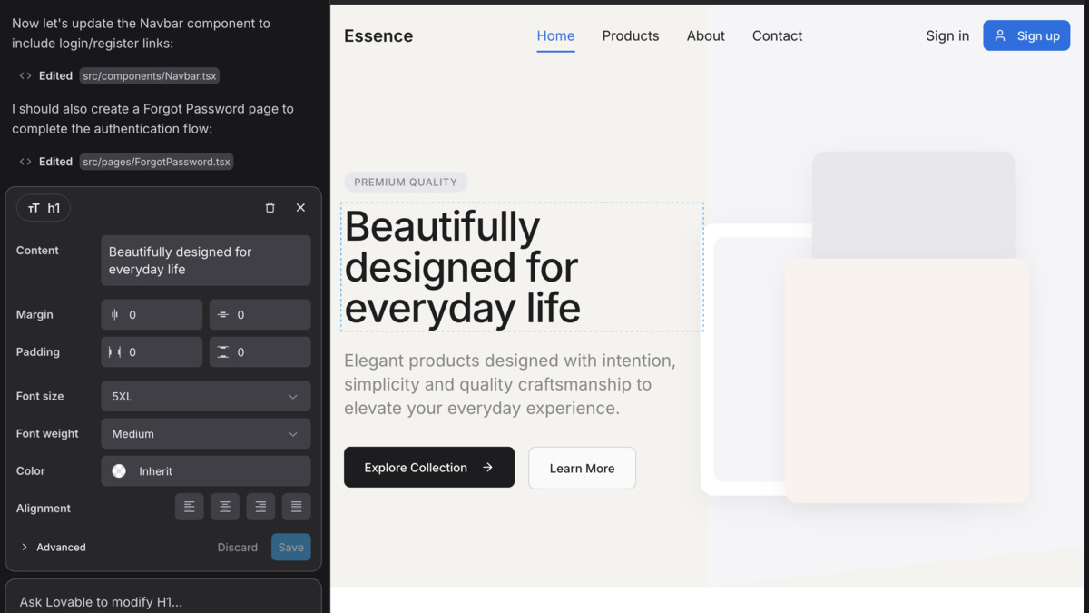 Lovable platform interface showing the visual editor