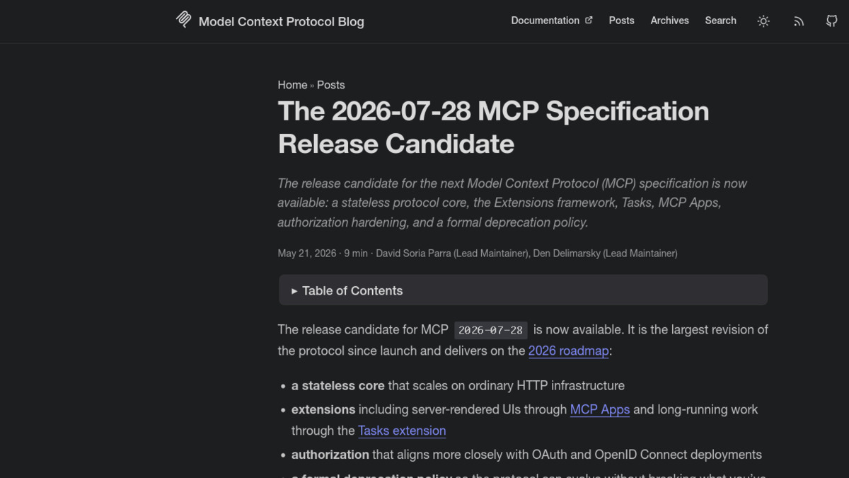 Screenshot of the official Model Context Protocol blog post announcing the 2026-07-28 release candidate