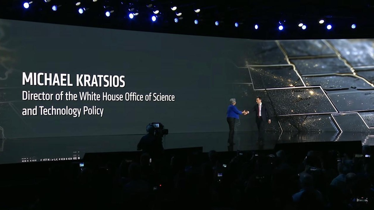 Lisa Su, AMD Chair and CEO, with Michael Kratsios from the White House OSTP at AMD's CES 2026 keynote